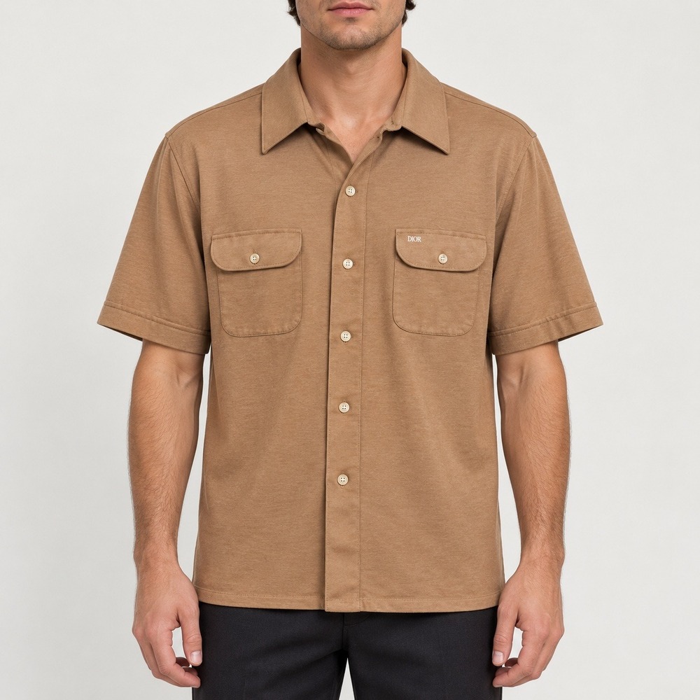 Christian Dior Mens Vintage Tan Short Sleeve Button Down Shirt Large Pockets